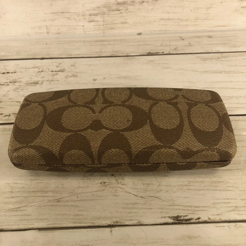 Coach Signature Monogram Hard Eyeglass Sunglasses Case Brown Tan Clamshell Logo